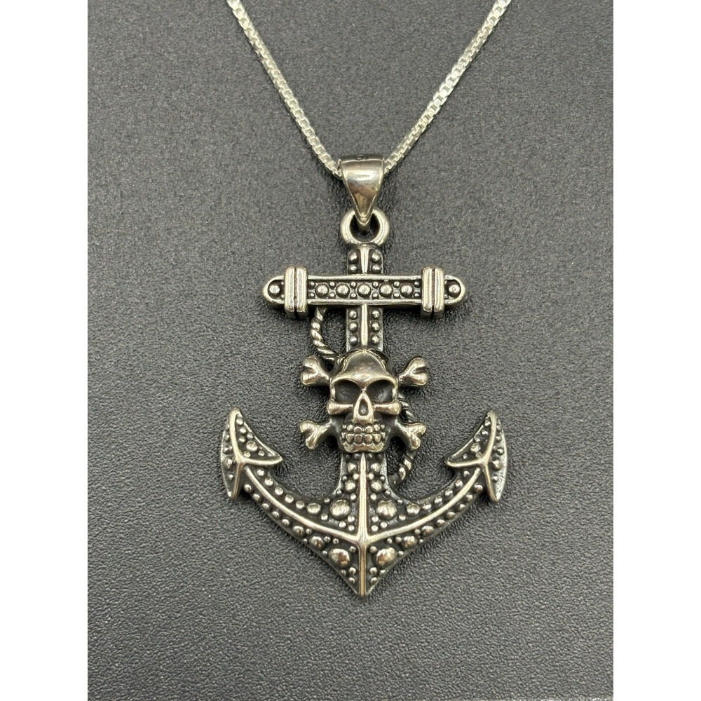 New Condition 20" Sterling Silver Skull Anchor Pendant Necklace